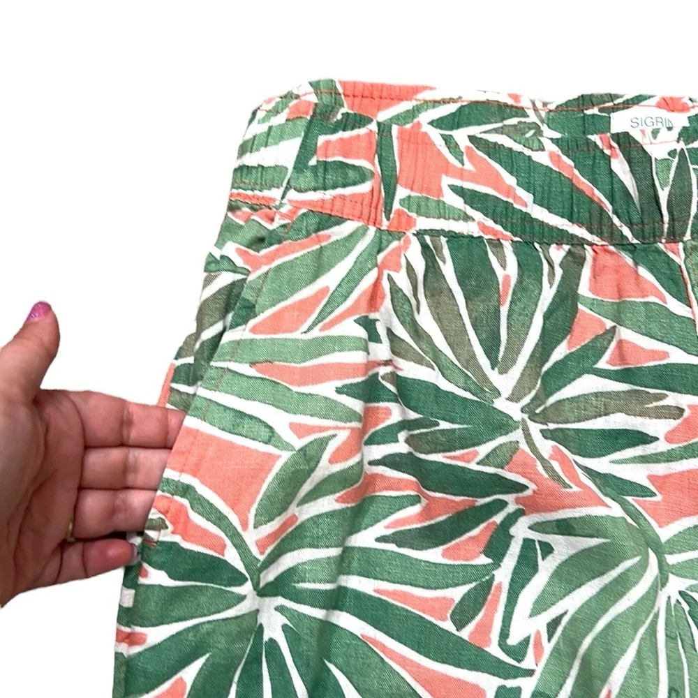 Sigrid Olsen Linen Pants Large Tropical Palm Print Cropped Beachy